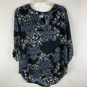 Cest 1946 Womens Floral Tunic Top Roll Up Button Sleeve Small